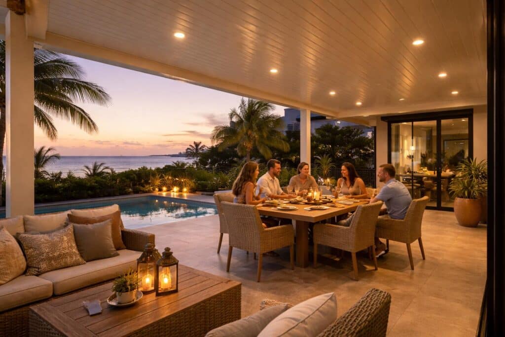 Evening gathering under a patio with warm lighting and outdoor dining setup in a coastal home.