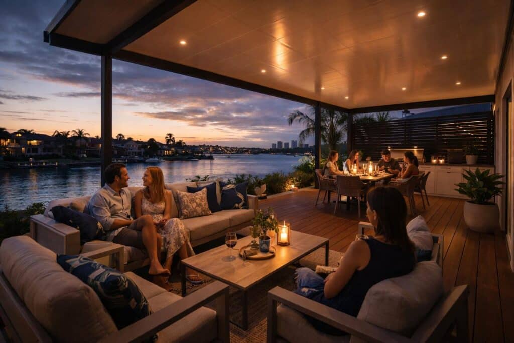 Cozy evening gathering under a well-lit insulated patio with people dining and relaxing outdoors.
