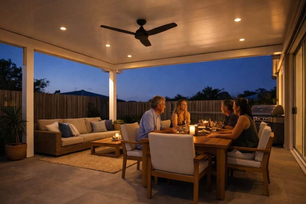 Evening outdoor gathering under a well-lit patio creating a comfortable and inviting space.