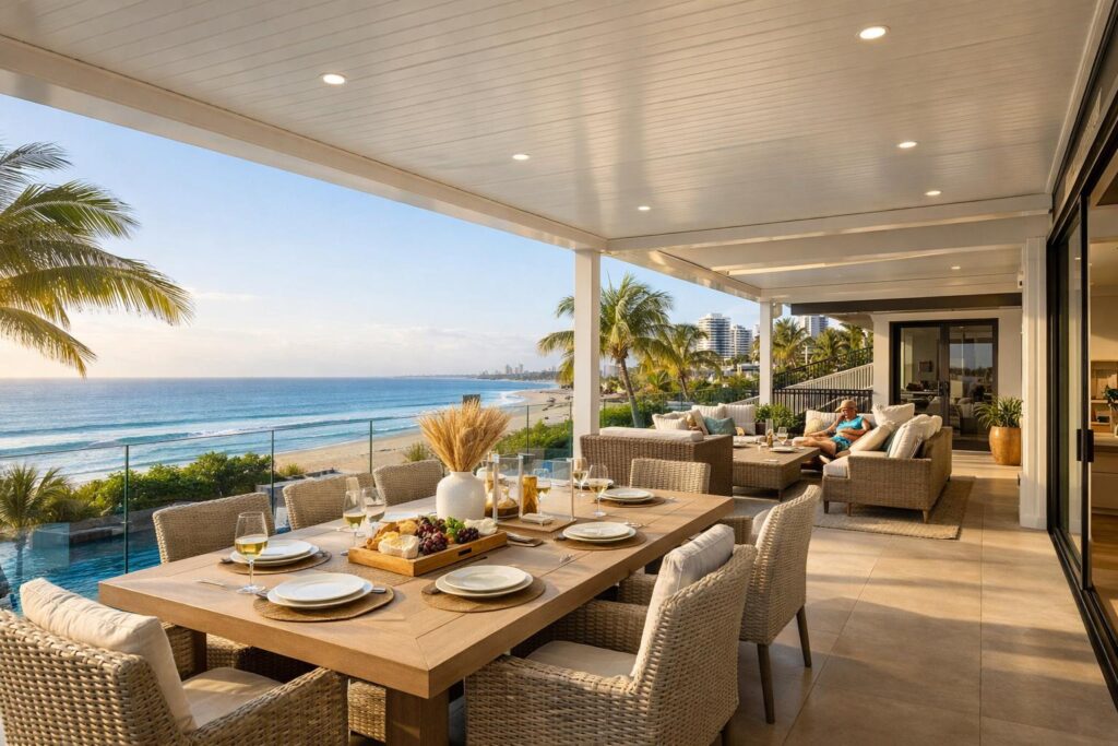 Modern insulated patio at a Main Beach home with outdoor dining setup reflecting coastal lifestyle.