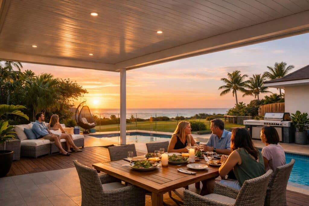 Modern insulated patio in a coastal Broadbeach home with outdoor dining and relaxed lifestyle setting at sunset.