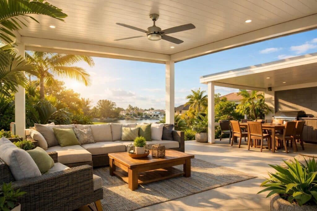 Modern insulated patio at a coastal home with outdoor seating and natural light, designed for comfortable outdoor living.