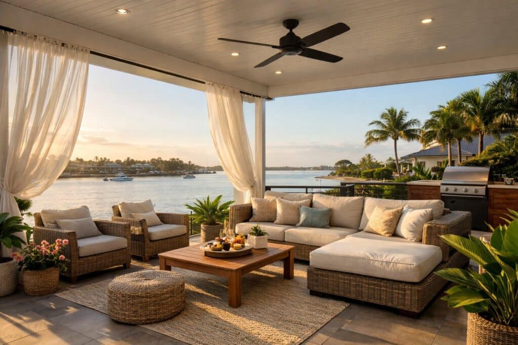A modern insulated patio near the coast with comfortable seating and a relaxed outdoor lifestyle atmosphere.