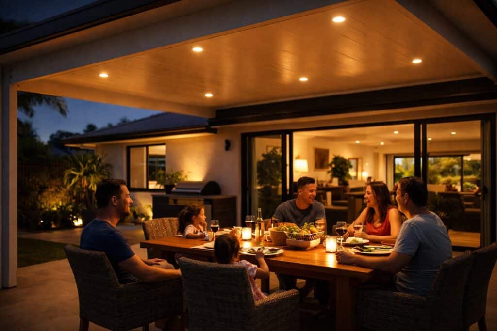 Family and friends enjoying dinner under a covered patio at night with warm lighting and a comfortable outdoor ambiance.