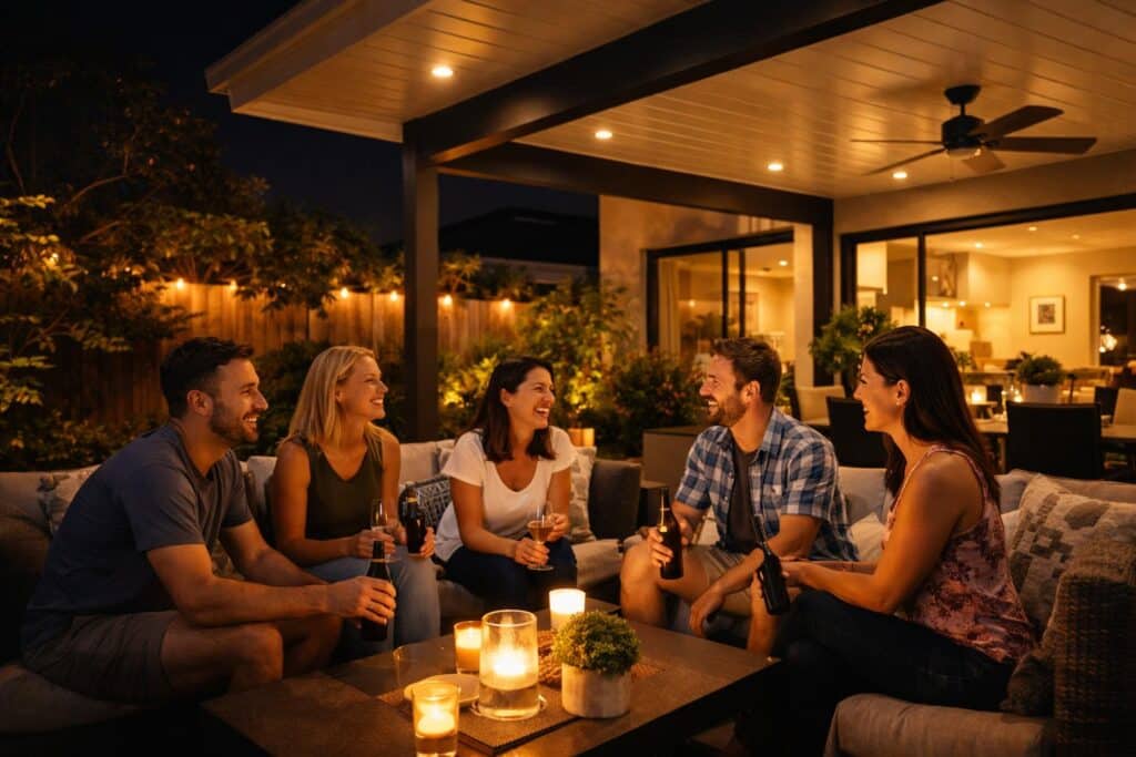 Group of friends enjoying an evening gathering under a well-lit outdoor patio space.