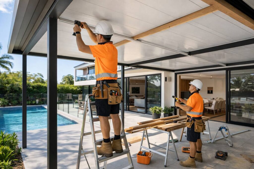 Professional builders installing an insulated patio roof structure in a residential backyard.