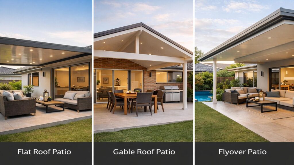 Different patio designs including flat roof, gable, and flyover styles displayed in a modern residential setting.