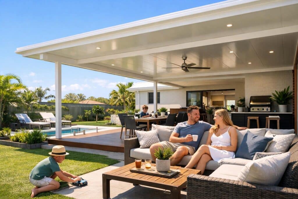 Modern insulated patio in a Maudsland backyard with outdoor seating and people relaxing in a shaded, comfortable space.