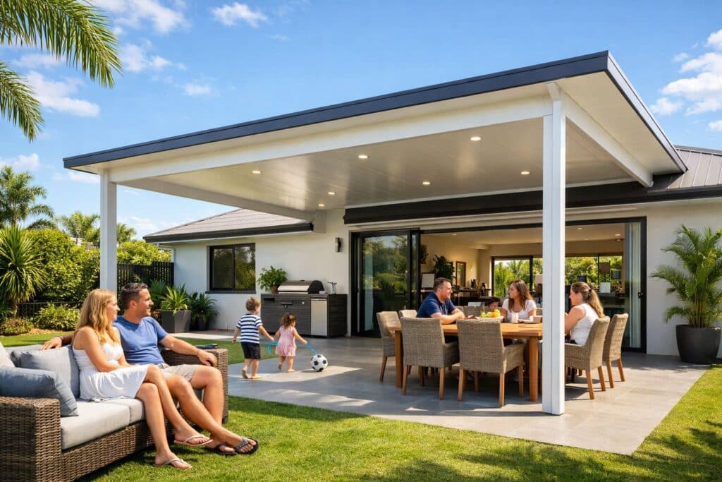 Modern home in Pacific Pines featuring an insulated patio with a family enjoying outdoor dining in a bright, comfortable setting.