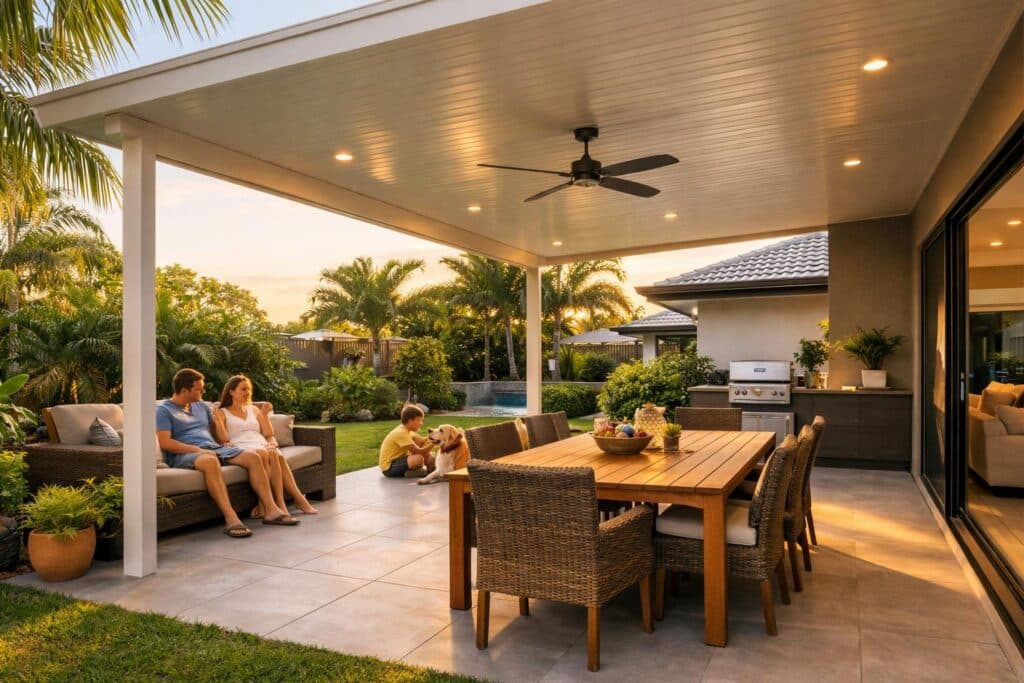Modern insulated patio in a Parkwood home with outdoor dining and relaxed family setting.