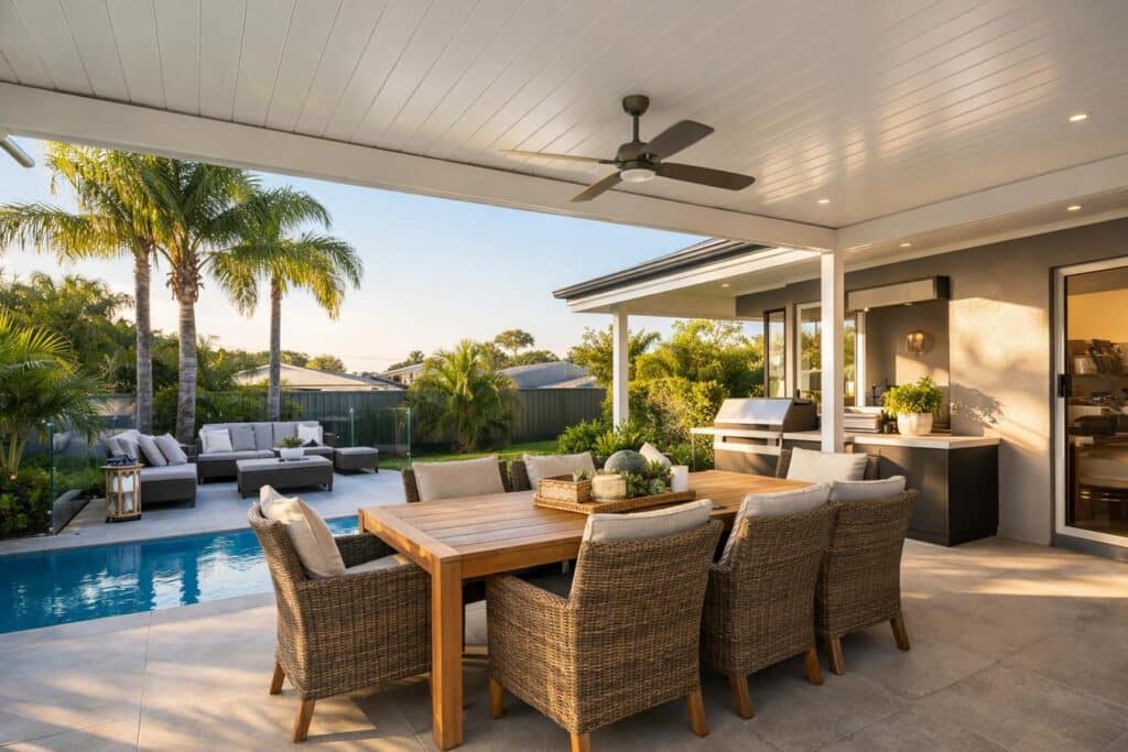 Modern coastal patio with covered roof and outdoor dining area designed for comfort in warm weather.