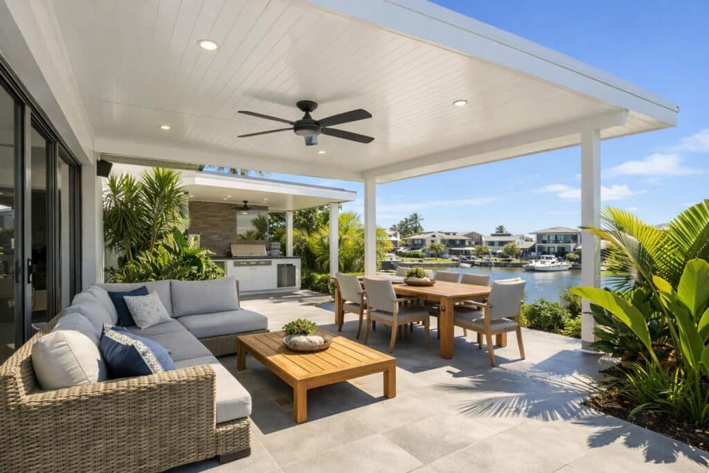 Modern insulated patio at a coastal Mermaid Waters home with outdoor seating, ceiling fan, and open airy design.