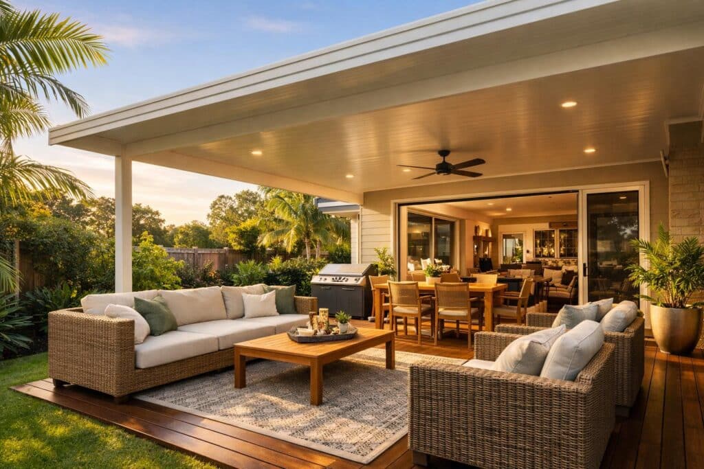 Modern insulated patio attached to a home with outdoor seating and greenery, designed for comfortable year-round living.