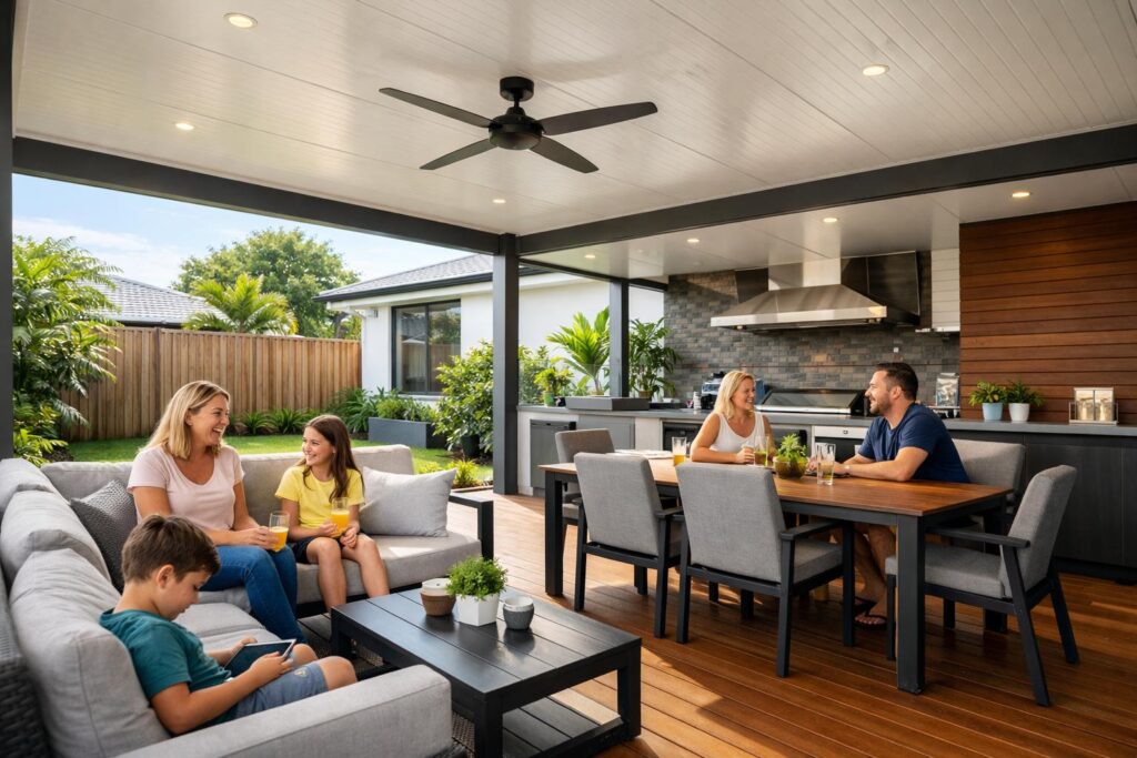 A modern covered patio in an Upper Coomera home with a family relaxing and dining in a bright, stylish outdoor space.