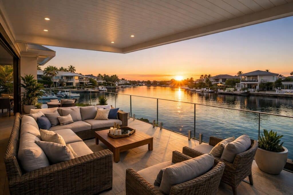 A modern waterfront patio with comfortable seating overlooking calm canal waters at sunset.