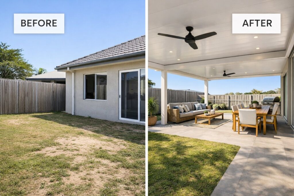 Side-by-side comparison of a backyard before and after installing an insulated patio.