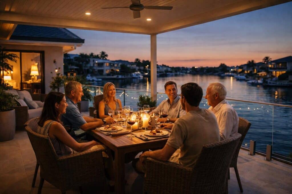 People enjoying dinner together under a covered patio in a cozy outdoor setting.
