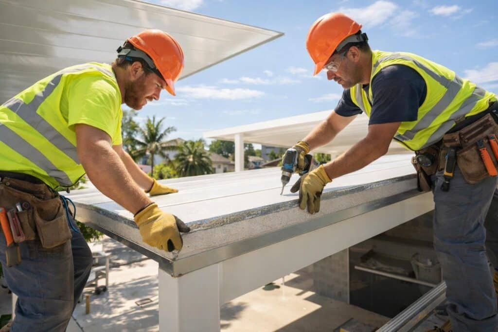 Builders installing insulated roofing panels on a patio, demonstrating professional construction and durable materials.