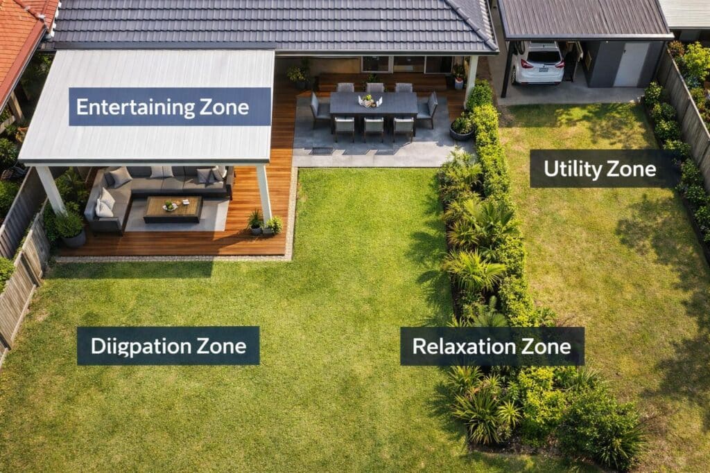 Spacious backyard patio divided into zones for dining, relaxation, and utility use.