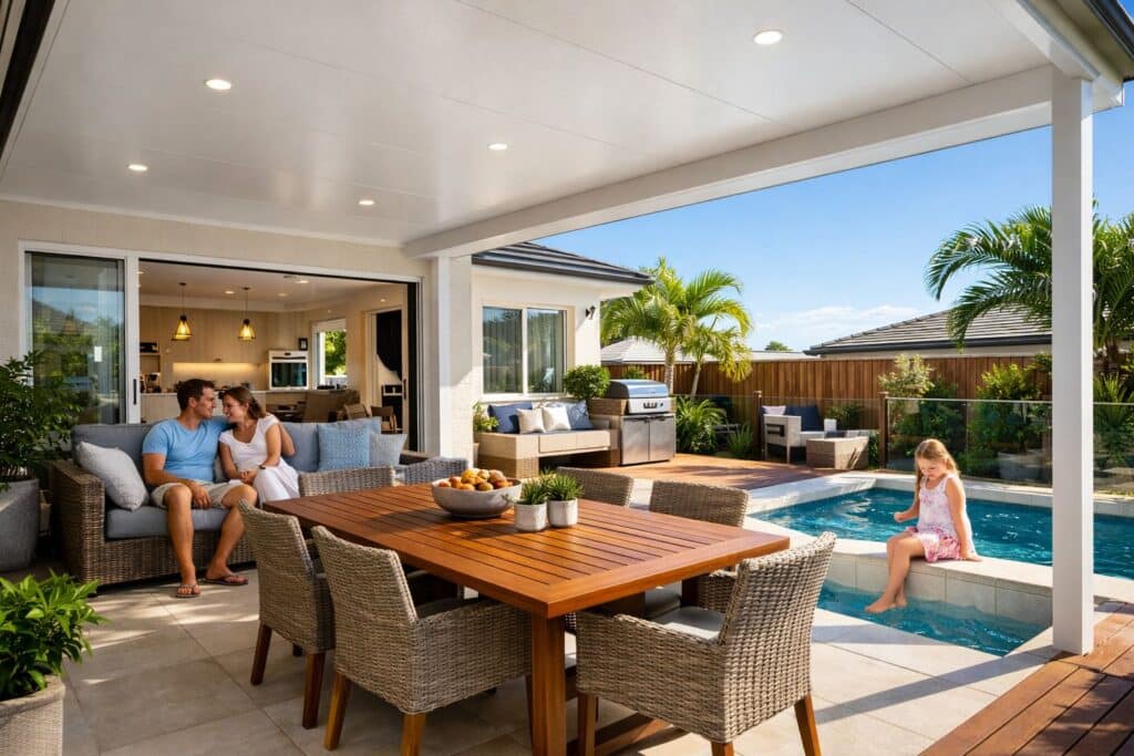 Modern insulated patio in a Coomera home with outdoor dining and family relaxing in a comfortable shaded space.