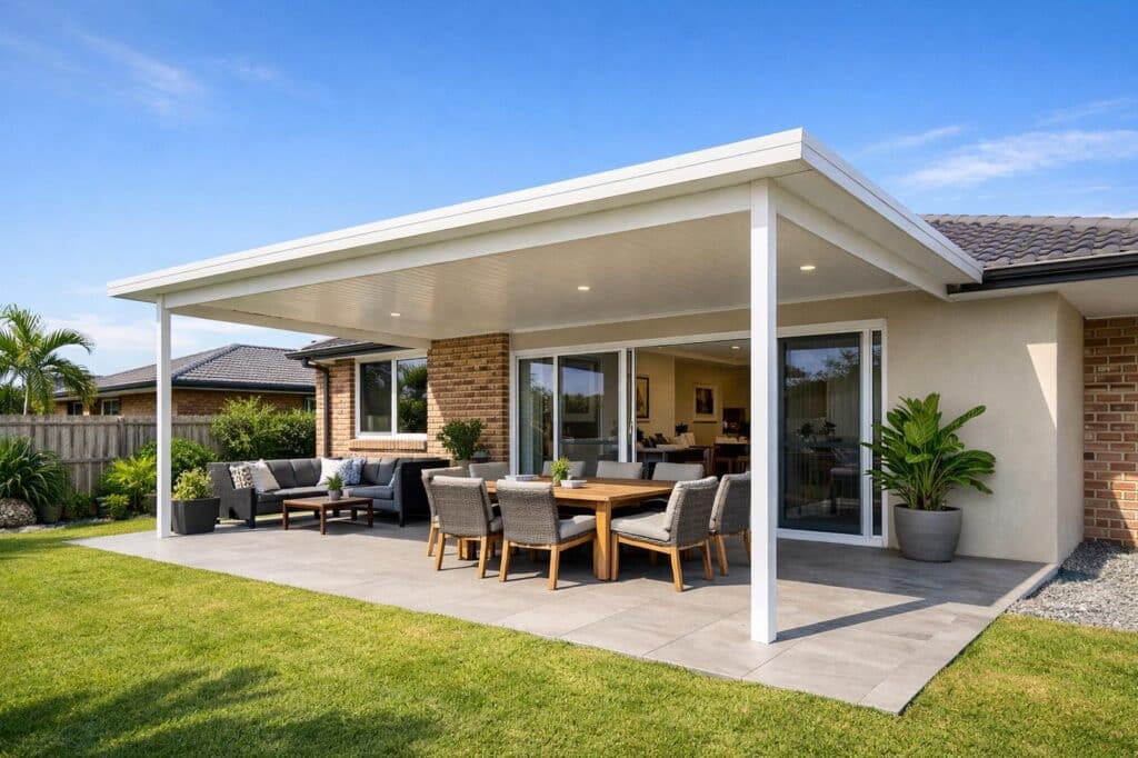 Modern insulated patio connected to a home with outdoor seating, showing a comfortable and functional outdoor living space.