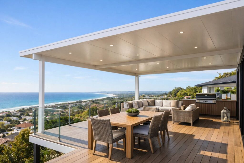 Elevated insulated patio on a hillside home with outdoor dining area, designed for coastal weather and modern living.