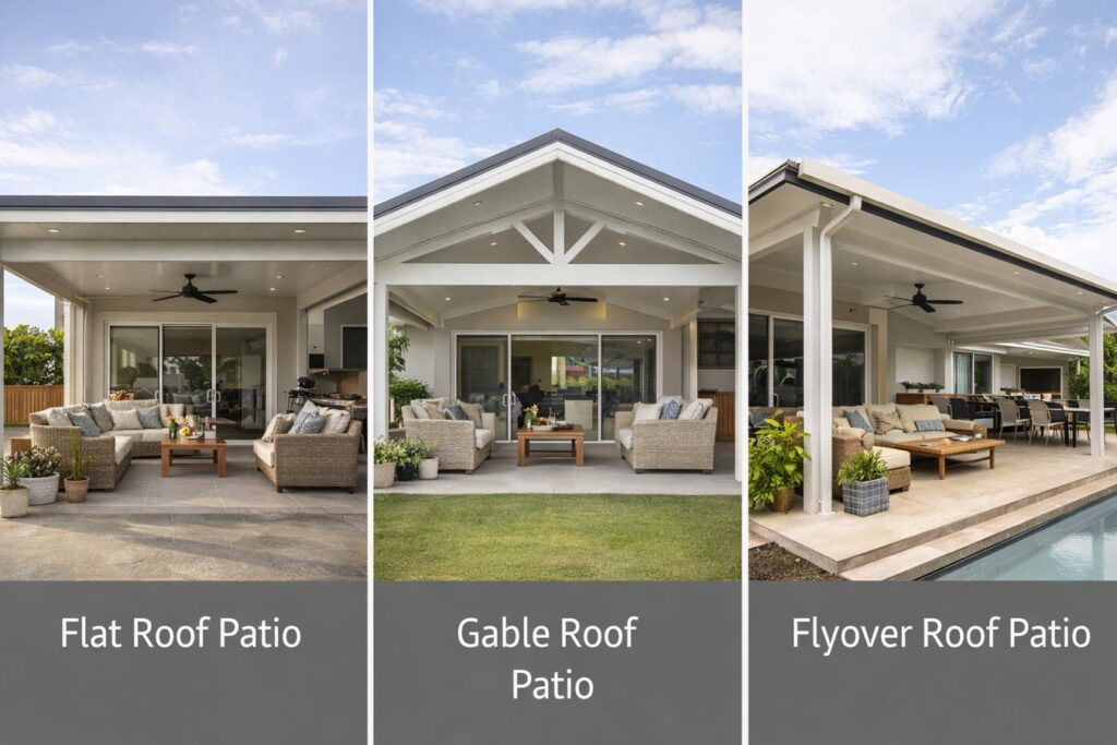 Different patio roof styles including flat, gable, and flyover designs shown side by side.
