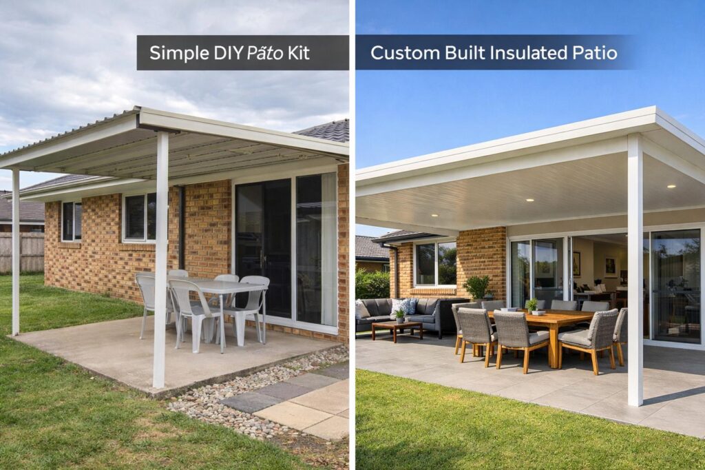 Side-by-side comparison of a basic DIY patio kit and a professionally built custom patio.