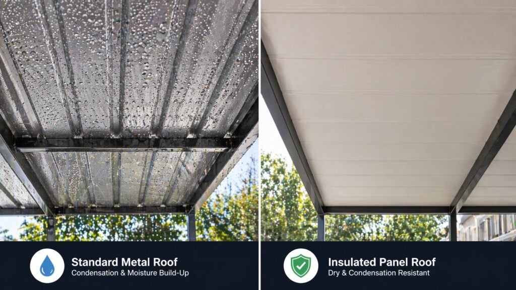 Visual comparison of condensation forming under a standard carport roof versus a dry insulated roofing panel.