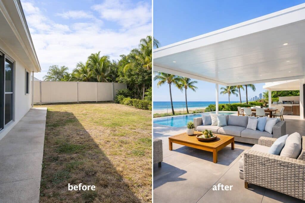Before-and-after comparison showing a basic backyard transformed into a modern patio with functional outdoor living space.