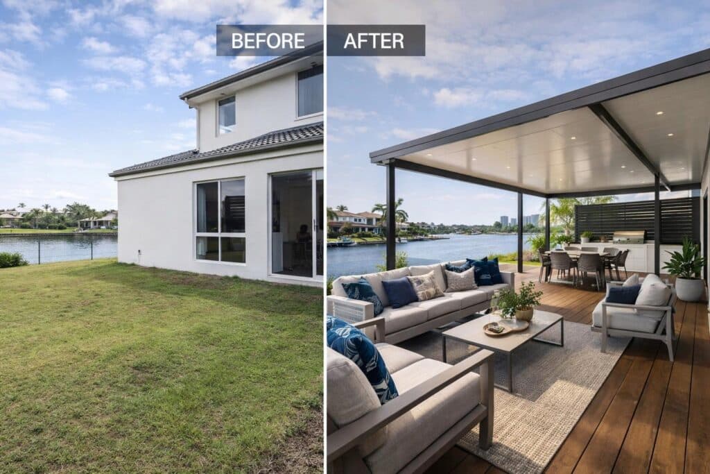 Side-by-side comparison of a plain backyard transformed into a modern insulated patio with decking and outdoor furniture.