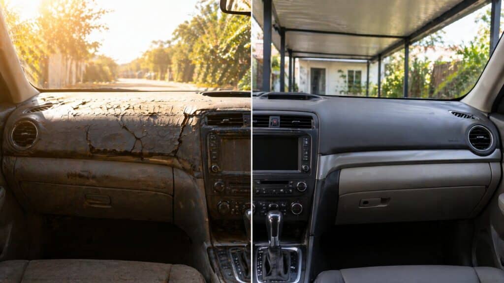 Comparison of a damaged car dashboard from heat exposure and a well-preserved interior kept cool under shade.