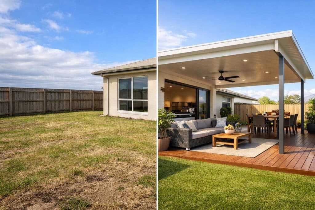 Before-and-after comparison of an empty backyard transformed into a modern insulated patio outdoor living space.