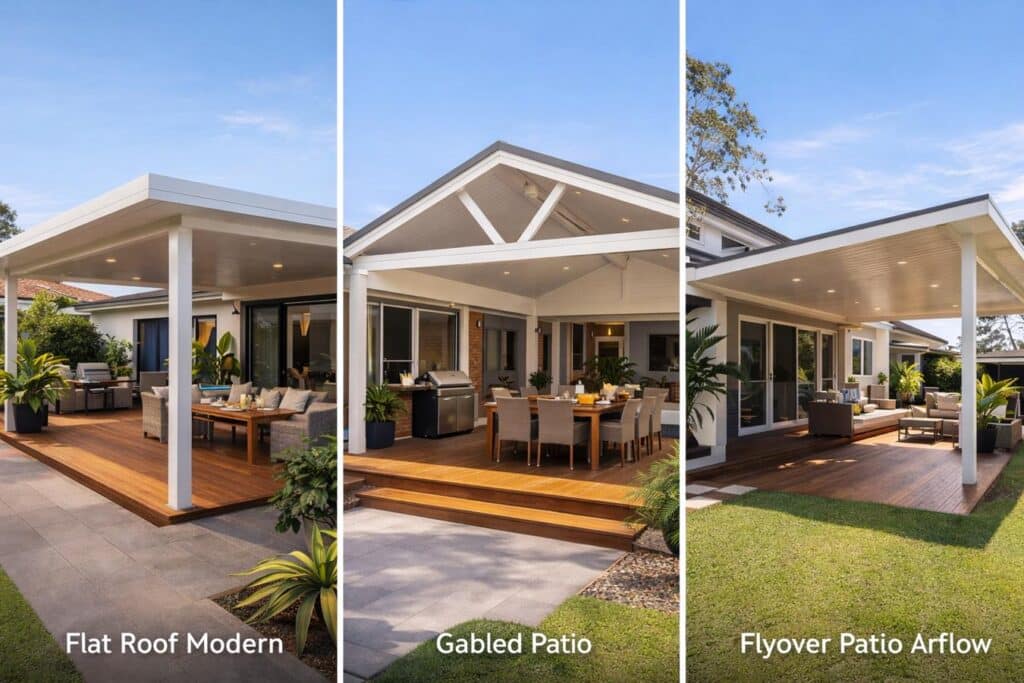 Comparison of flat roof, gabled, and flyover patio designs on modern homes.