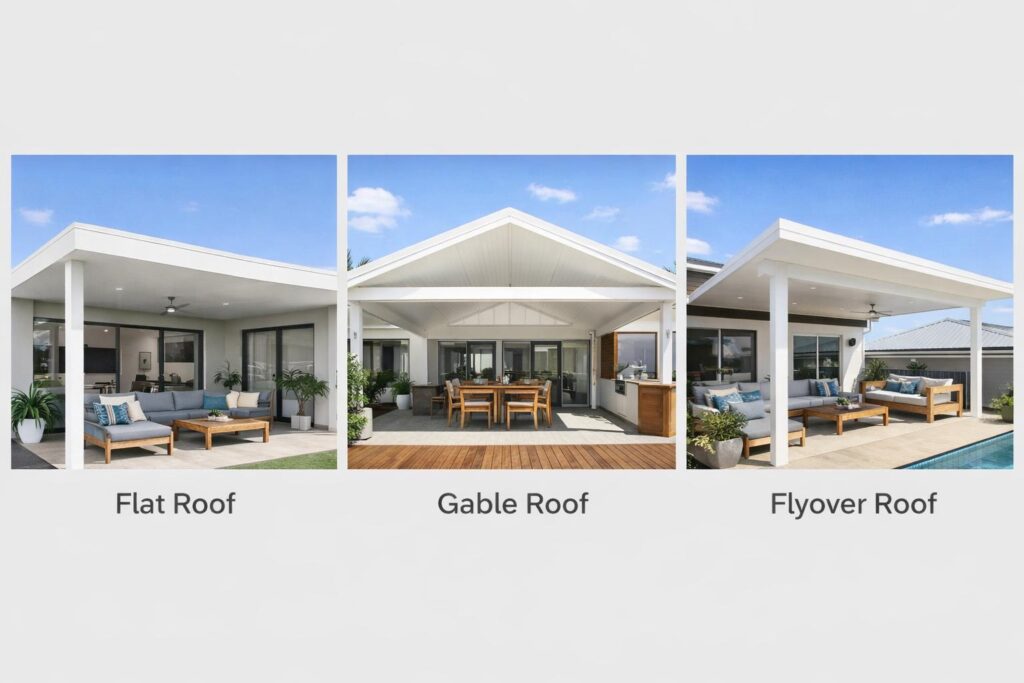 Comparison of flat, gable, and flyover patio roof designs on modern homes.