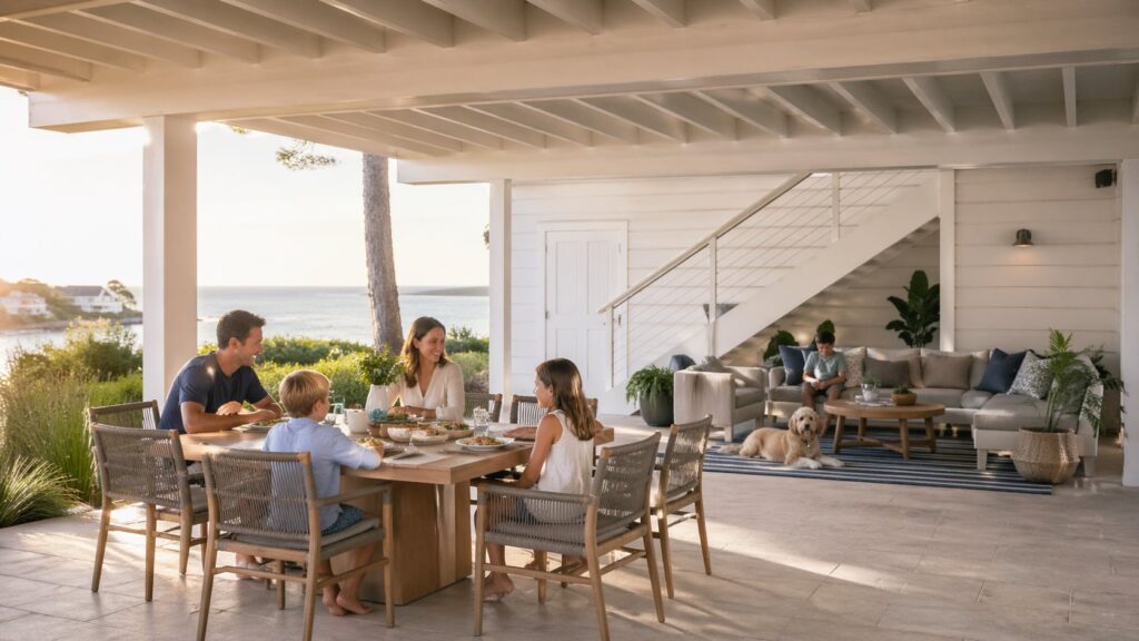Family enjoying a comfortable and shaded outdoor living space under a well-designed flyover patio.