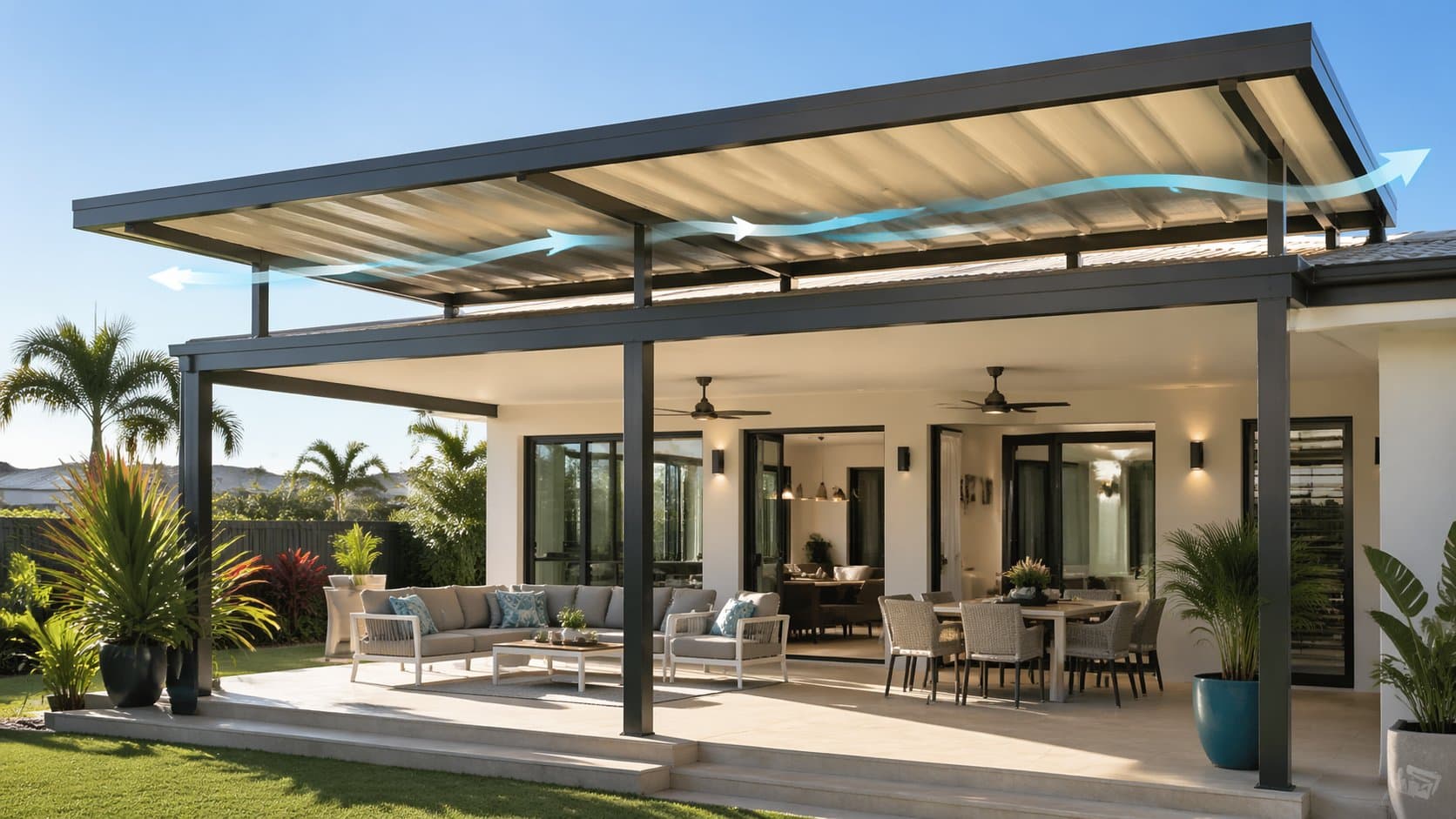 Modern home featuring an elevated insulated flyover patio roof with visible airflow gap, creating a bright and breezy outdoor living space.