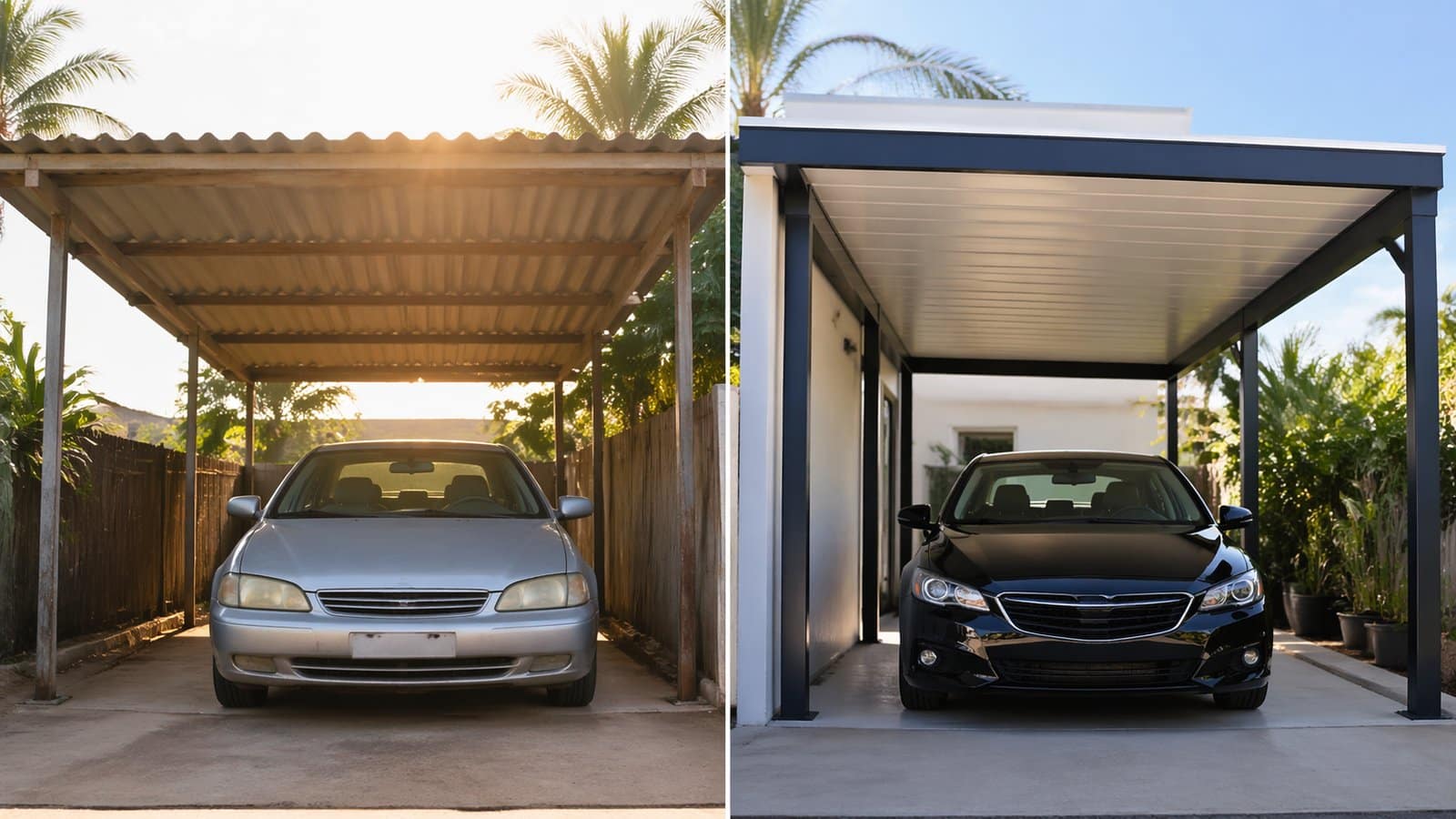 Side-by-side comparison of a car under a standard carport versus an insulated carport, showing visible differences in heat and paint condition.