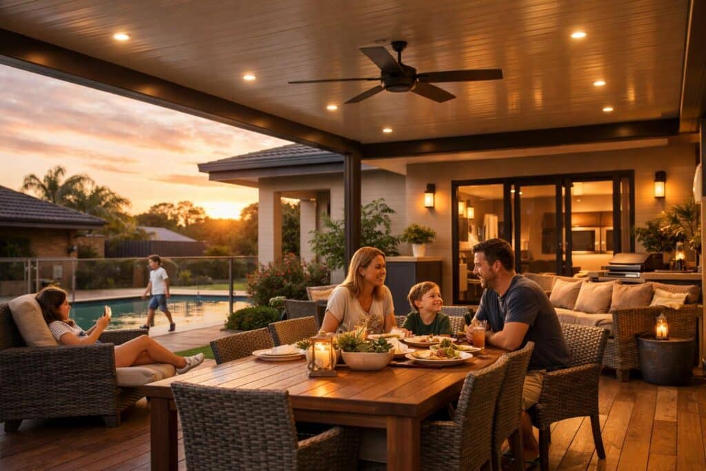 Family enjoying a modern insulated patio in Oxenford during a warm evening, showing a comfortable outdoor living space.
