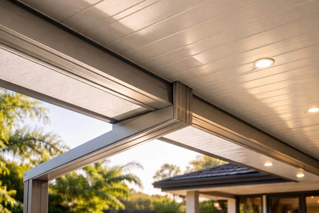 Detailed view of insulated patio roofing panels and aluminum frame designed for heat and noise reduction.
