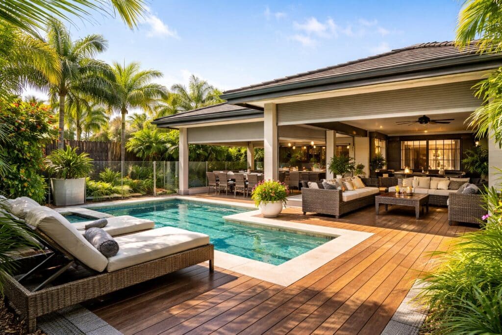A complete outdoor living space with patio, deck, and pool designed for entertaining and relaxation.