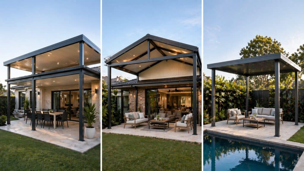 Collection of different flyover patio designs including flat, gable, and freestanding styles for various home layouts.