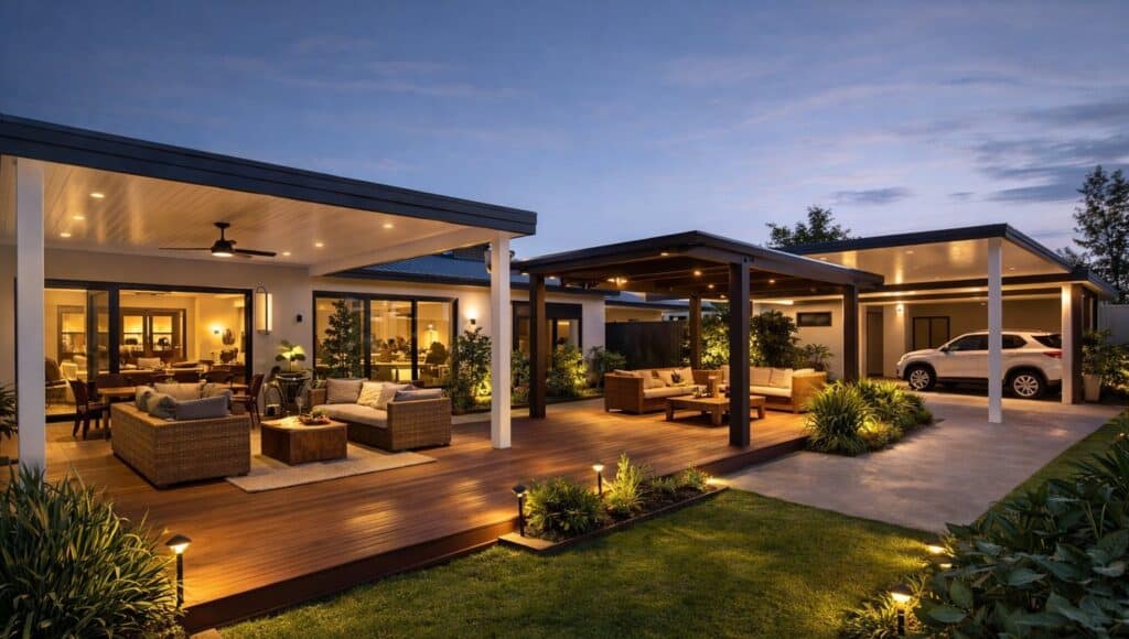 A cohesive outdoor living space featuring a patio, deck, pergola, and carport with modern design and lighting.