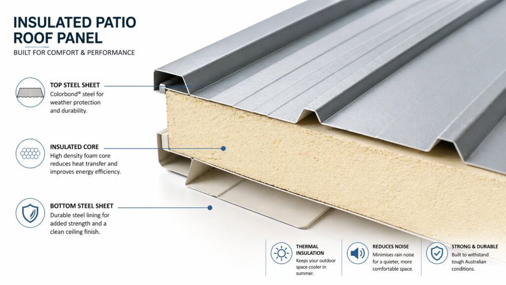 Detailed cutaway illustration of an insulated patio panel showing layered materials that reduce heat transfer.