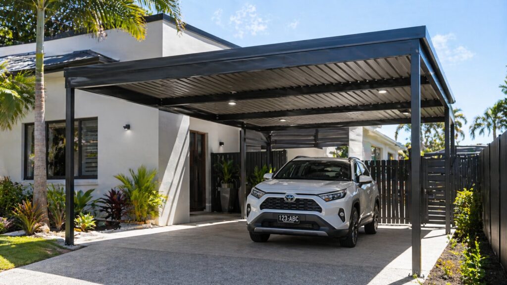 Modern home with a stylish insulated carport providing shaded parking and enhancing outdoor living space.