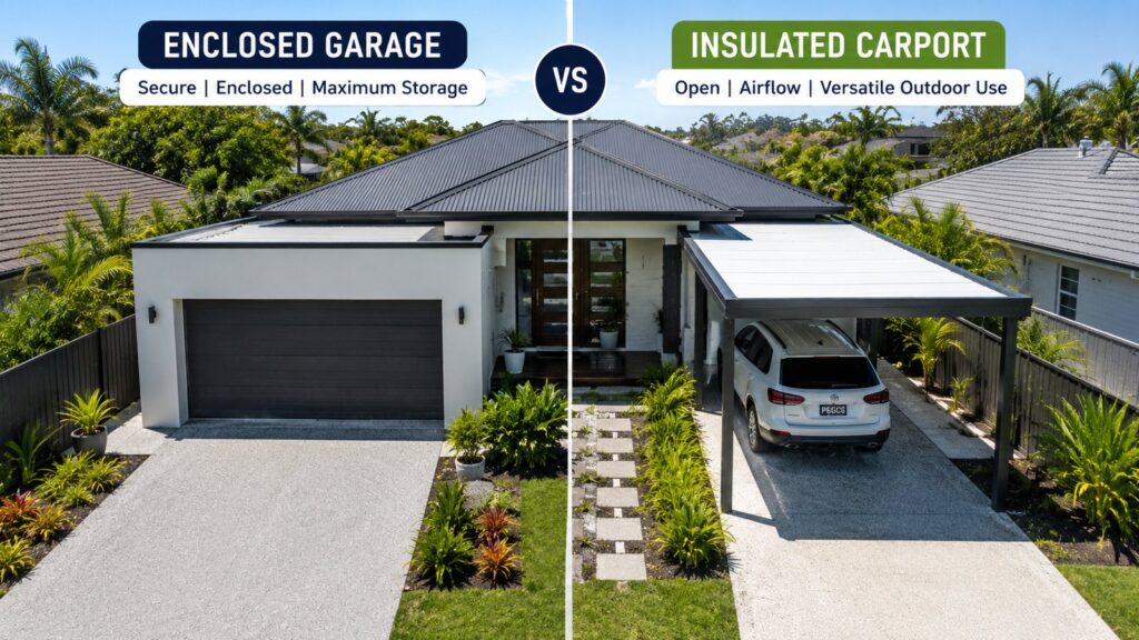 Modern home comparing the visual difference between a traditional garage and an insulated carport.