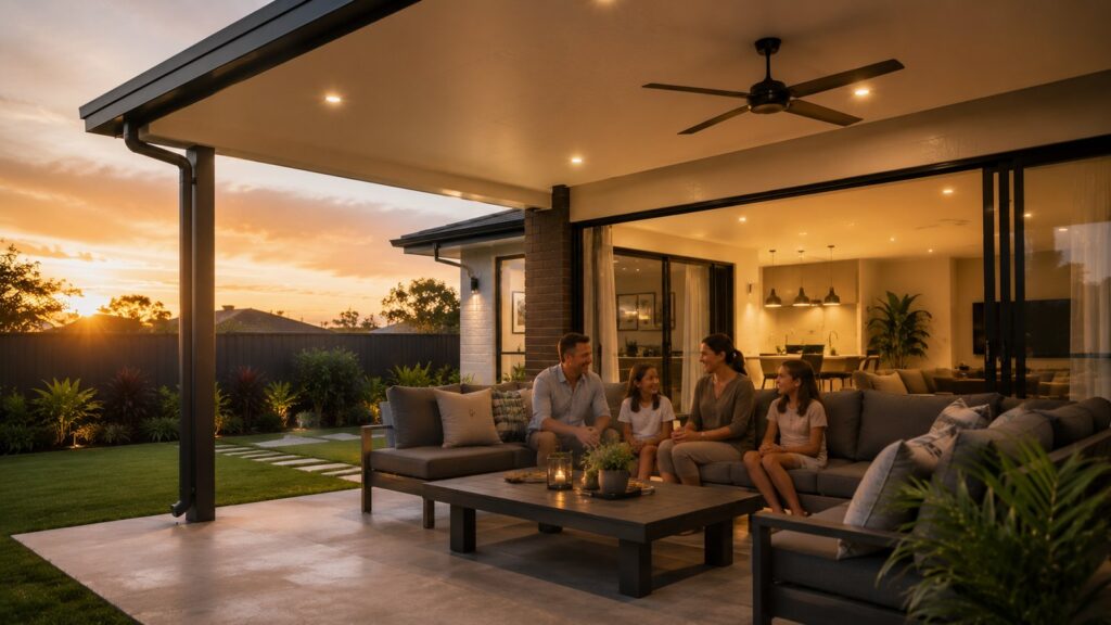 Family relaxing under a stylish insulated patio connected to a modern home.