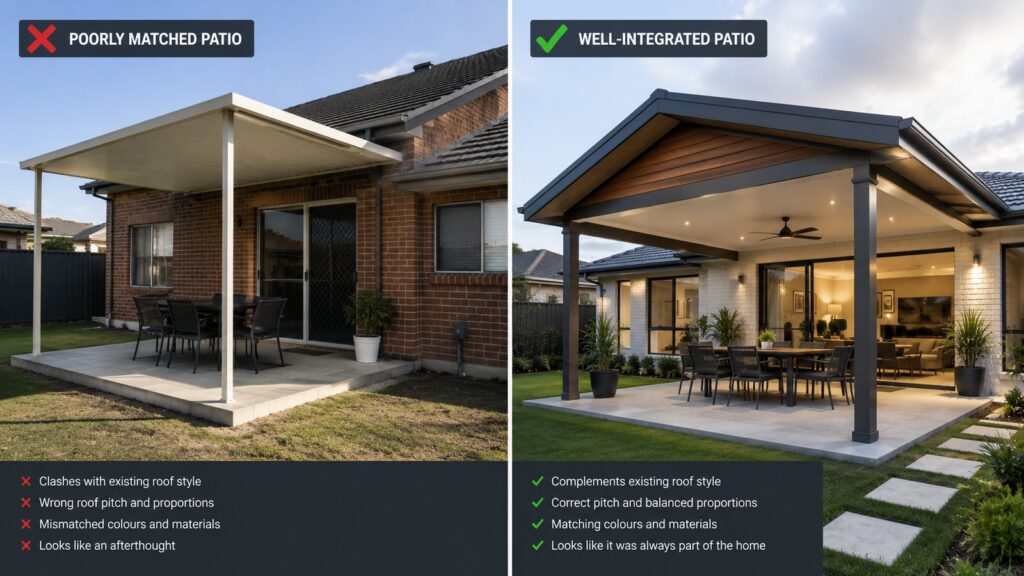 Comparison between a mismatched patio roof and a seamlessly integrated patio design.