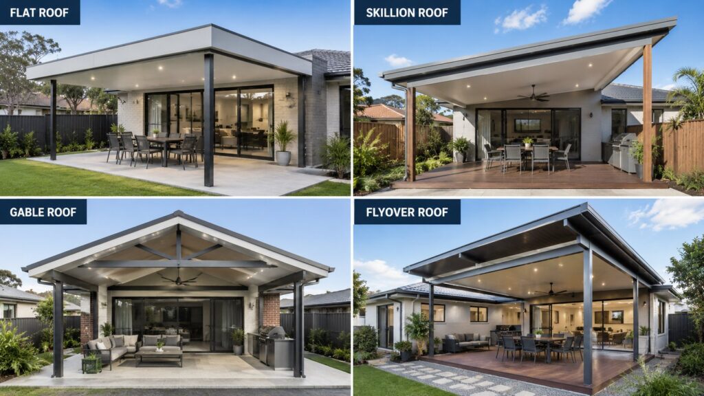 Comparison of flat, skillion, gable, and flyover patio roof styles on different homes.