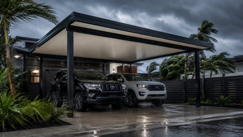 Durable insulated steel carport designed to handle coastal storms and heavy rain conditions.